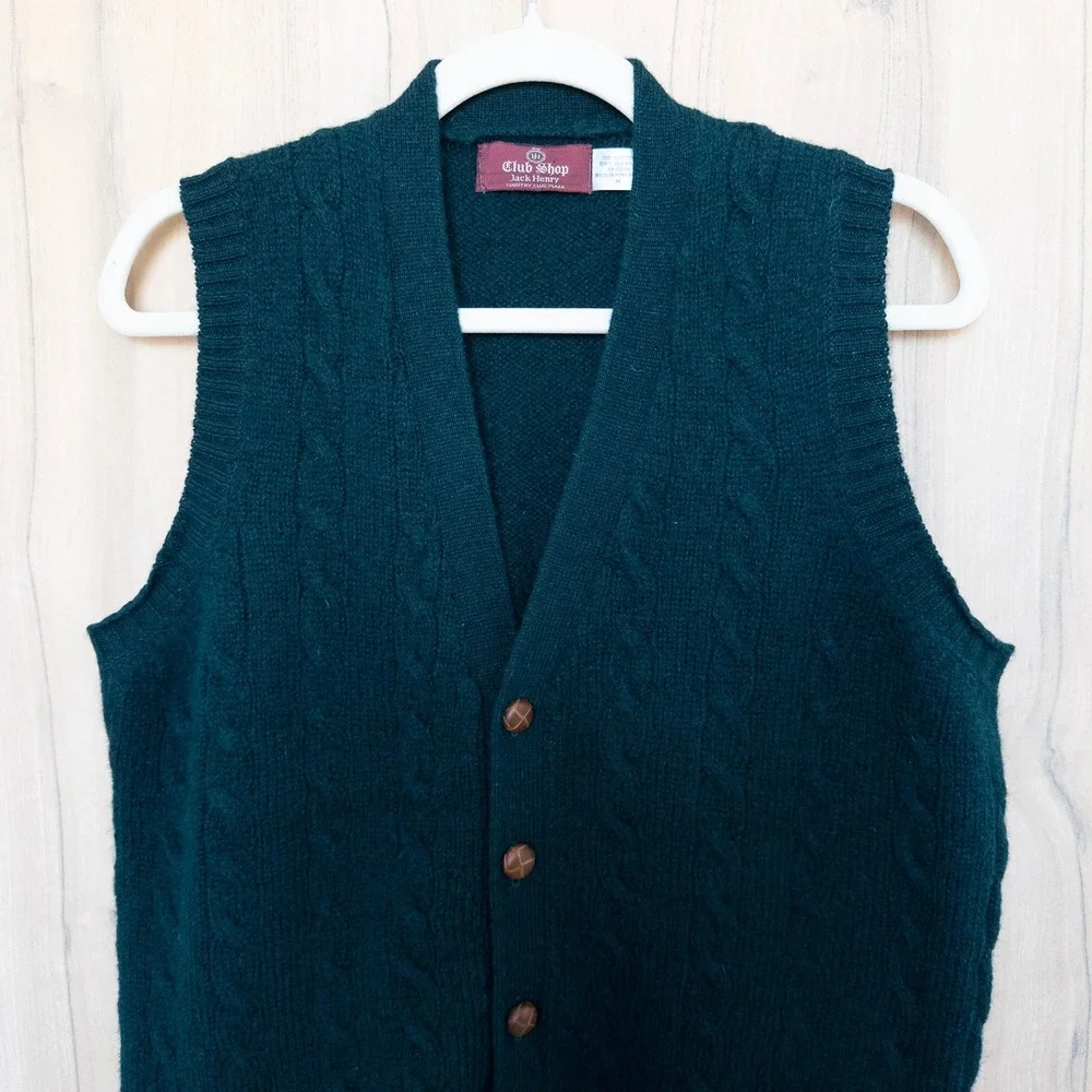 VTG‎ Club Shop Mens Cable Knit Sweater Vest Size M Dark Green Preppy Old Money